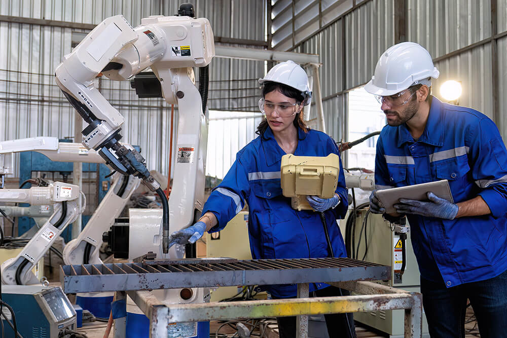 Two factory workers in blue uniforms and hard hats inspect a workstation with industrial robotic arms.