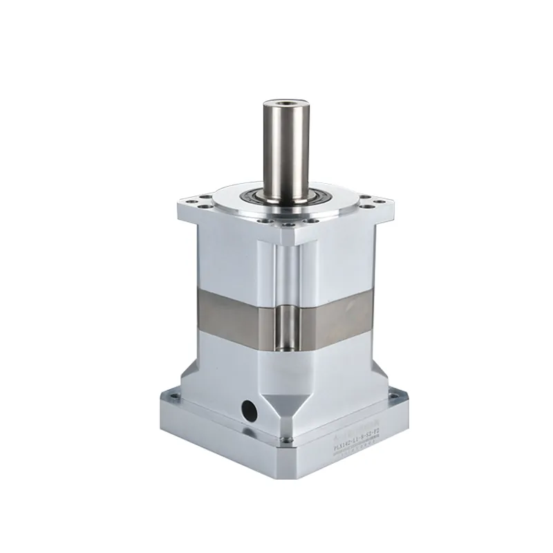A silver planetary gearbox with a vertical output shaft, featuring a label with "PLX142-L1-8-S2-P2" and Chinese characters.