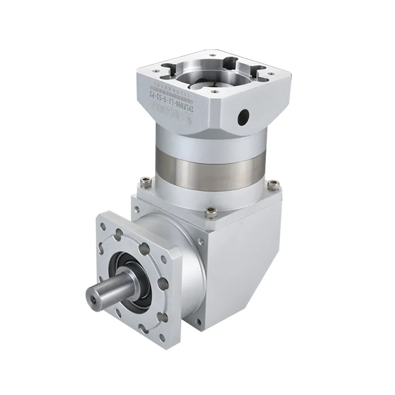 A silver and gray right-angle planetary gearbox with a horizontal output shaft and a vertical input flange, featuring a label with "ZPLF090-L1-5-S2-P2" and Chinese characters.