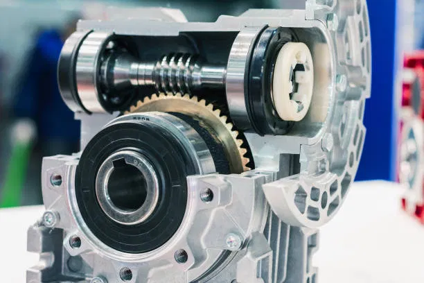A cutaway view of a silver worm gearbox showing the internal worm screw meshing with a brass worm wheel.