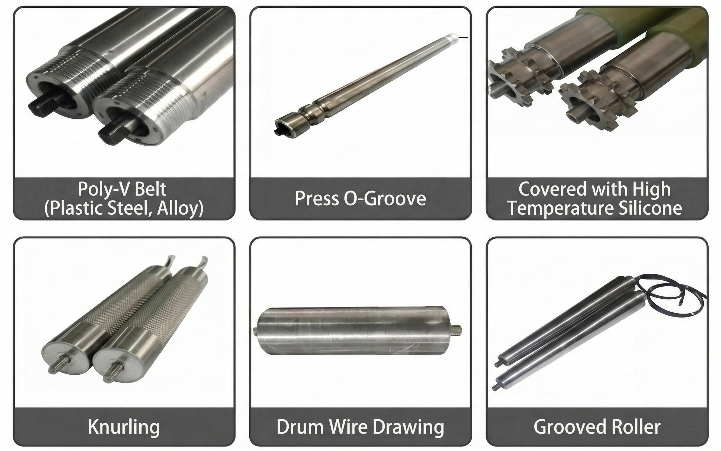 Six images show different types of industrial rollers: Poly-V belt, press O-groove, silicone covered, knurling, drum wire drawing, and grooved rollers.