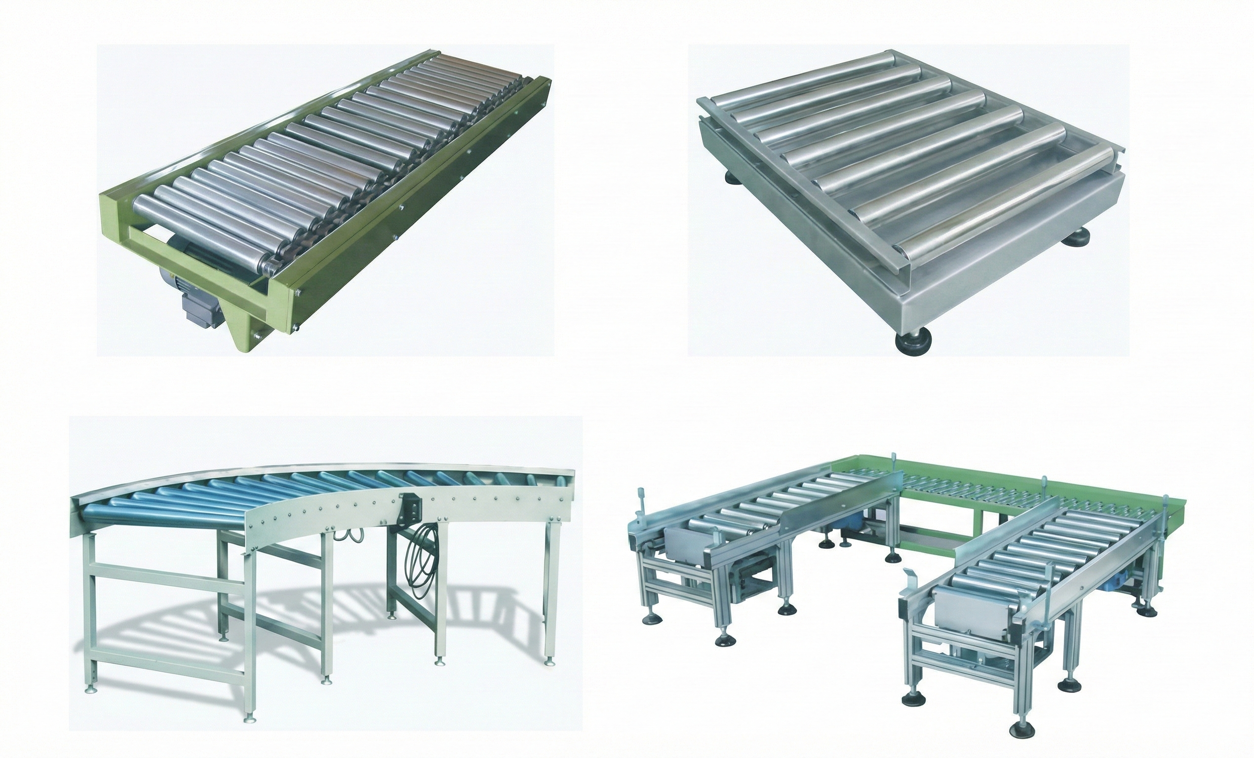 Four images display various configurations of roller conveyor systems with metallic rollers.