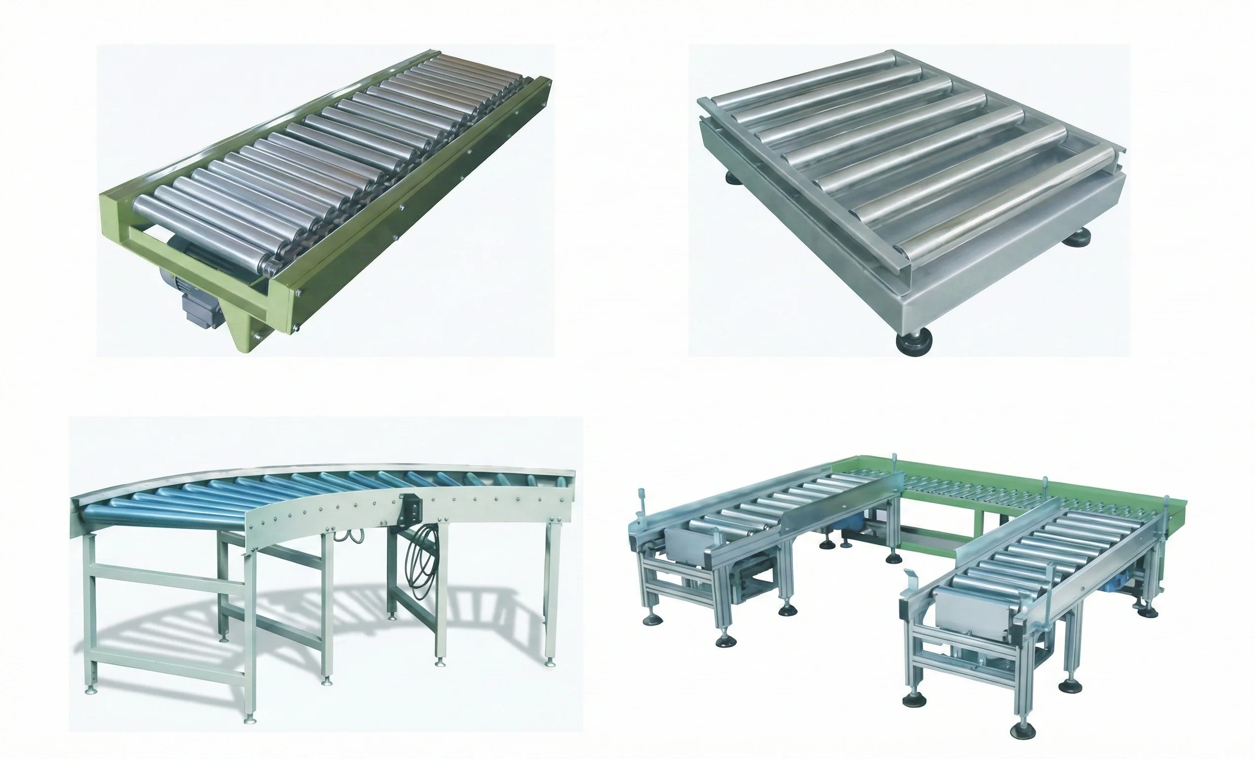Four images display various configurations of roller conveyor systems with metallic rollers.