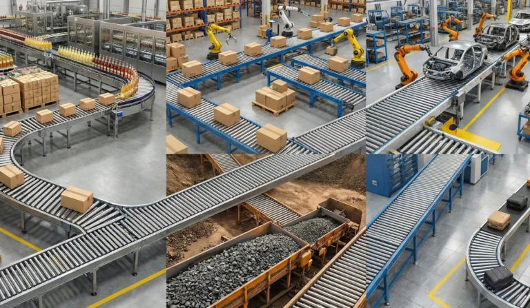 Conveyor systems in different industries handling bottles, boxes, car bodies, gravel, and luggage.