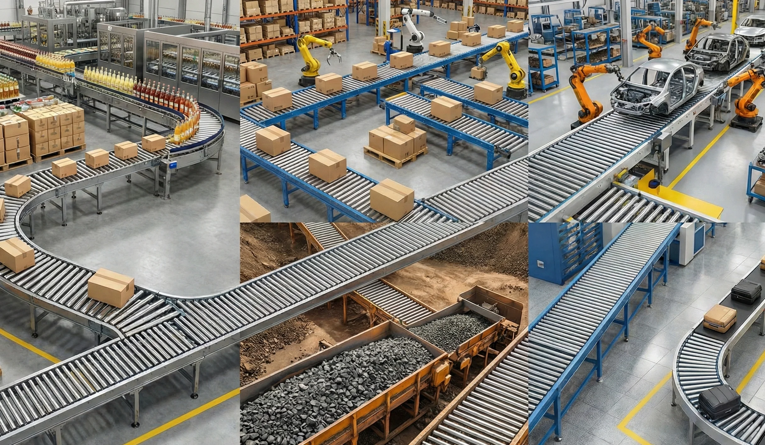 Conveyor systems in different industries handling bottles, boxes, car bodies, gravel, and luggage.