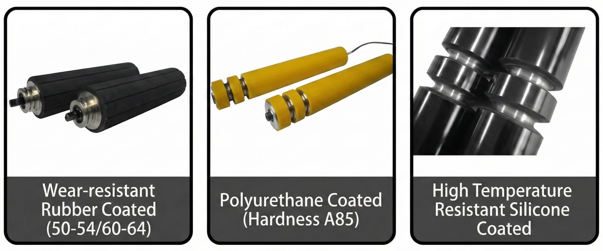 Three sections display conveyor rollers: black rubber coated, yellow polyurethane coated with wires, and black high-temperature silicone coated rollers.