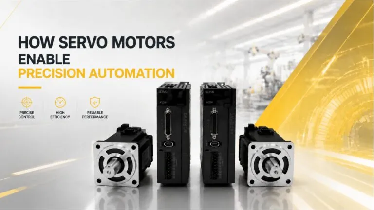 Two industrial servo motors with shafts next to two black electronic drive modules against a workshop background.