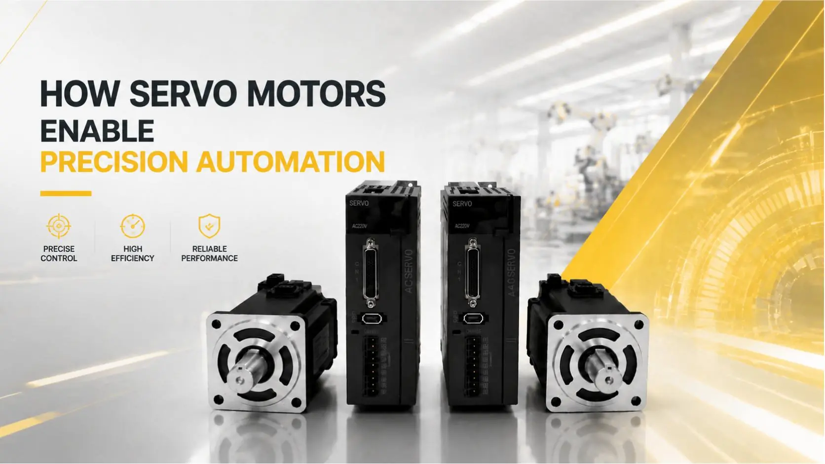 Two industrial servo motors with shafts next to two black electronic drive modules against a workshop background.
