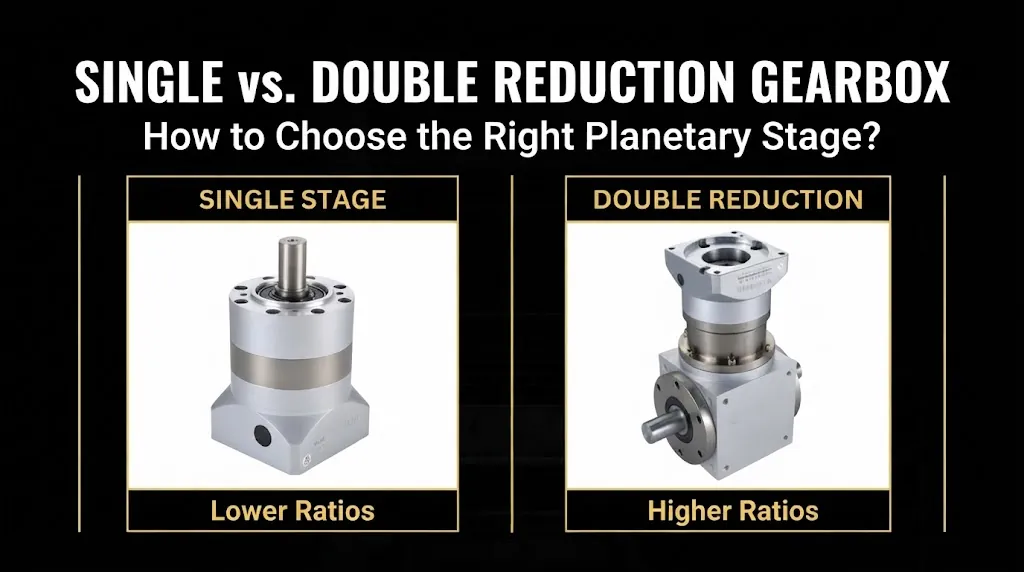 Side-by-side comparison of an inline single-stage planetary gearbox and a right-angle double-reduction gearbox.