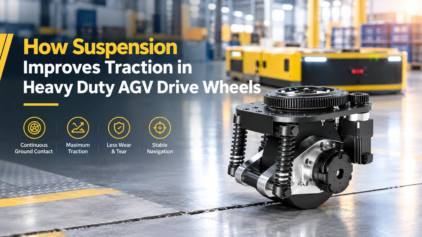 A suspension-type heavy-duty AGV drive wheel assembly featuring vertical coil springs, a steering gear ring, and a black drive wheel on an industrial floor.