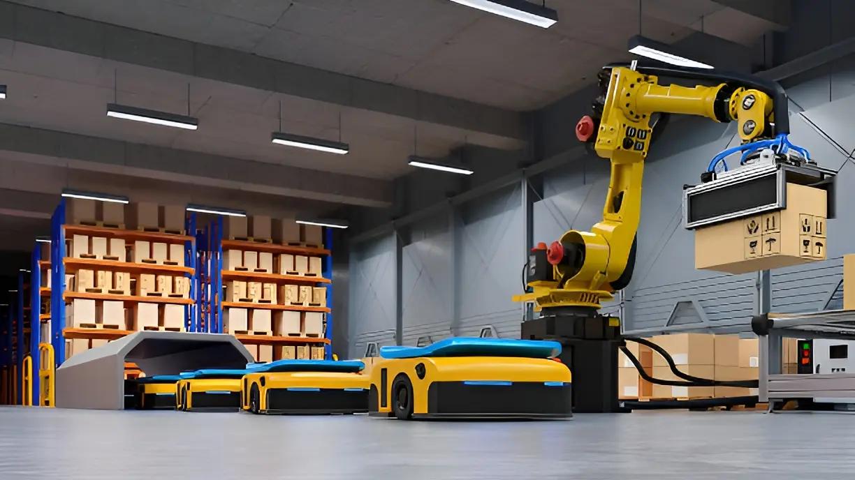 Yellow robotic arm lifting a cardboard box in a warehouse with several autonomous mobile robots on the floor.