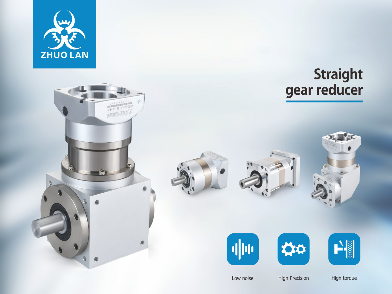 A brand advertisement for "Straight gear reducer" featuring various silver gearboxes, including inline and right-angle models, with icons for "Low noise," "High Precision," and "High torque."